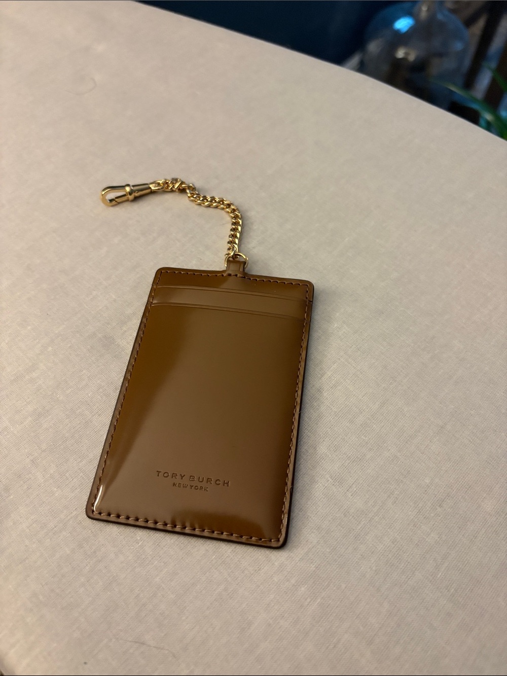 Tory Burch Brown Patent Card Holder with Gold Chain